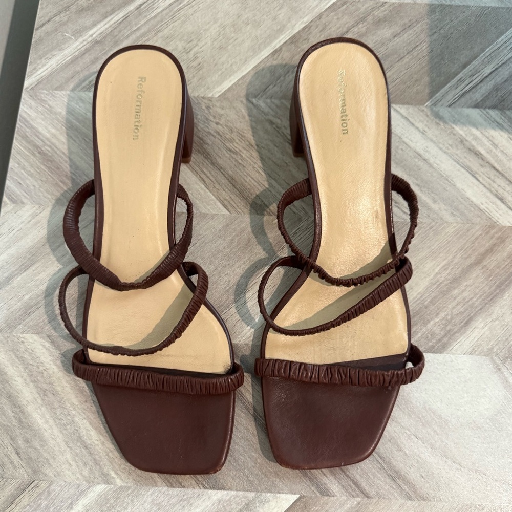 Reformation Assunta strappy block heel mules